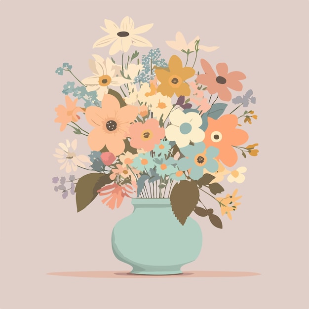 Un jarrón de flores está sobre un fondo rosa con un fondo azul.