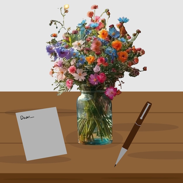 un jarrón de flores se sienta en una mesa con una nota que dice llevarse