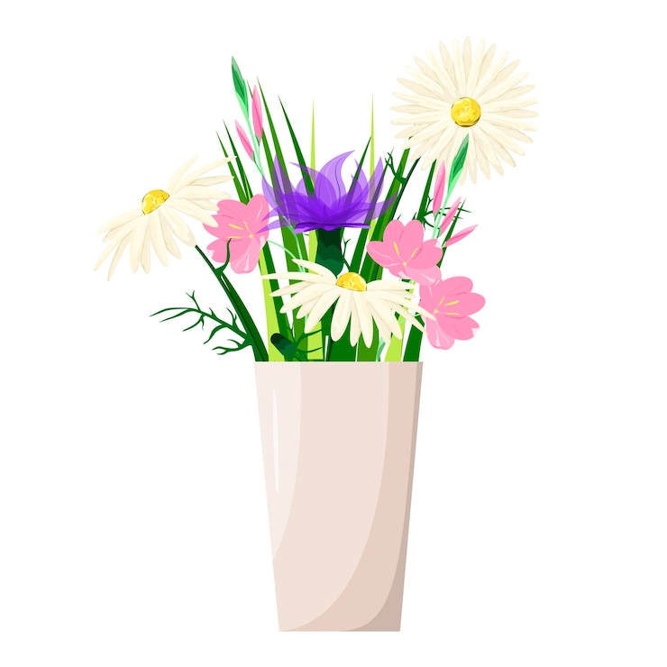 Vector un jarrón con flores silvestres sobre un fondo blanco.