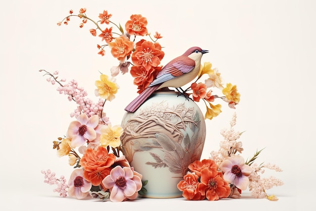 un jarrón con un pájaro a un lado y flores en el fondo