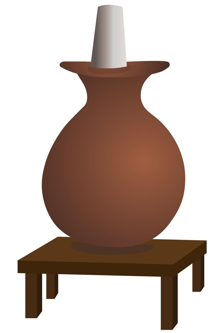 Vector un jarrón con un vaso en él se sienta en un pequeño taburete o un utensilio de olla de agua de arcilla aislado en blanco