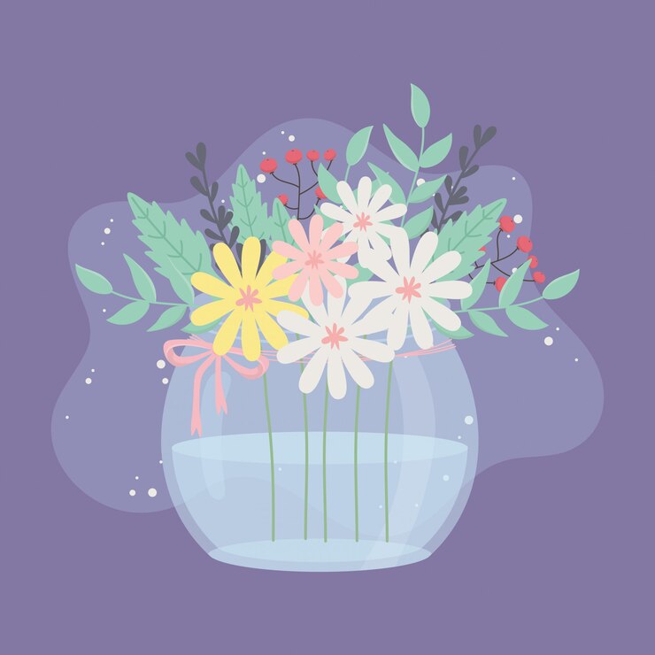 Vector jarrón de vidrio con decoración de flores y hojas