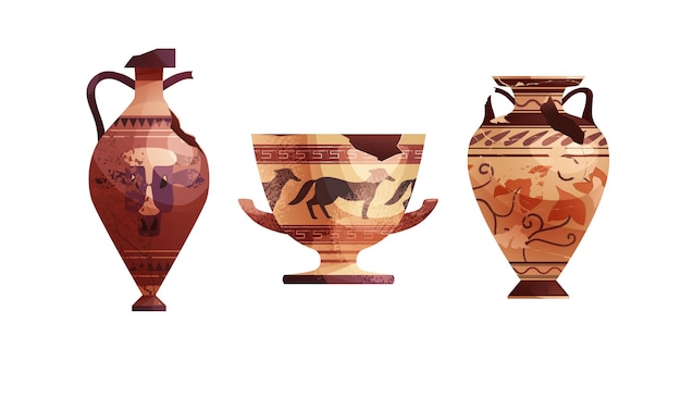 Vector jarrones antiguos rotos olla arqueológica de cerámica