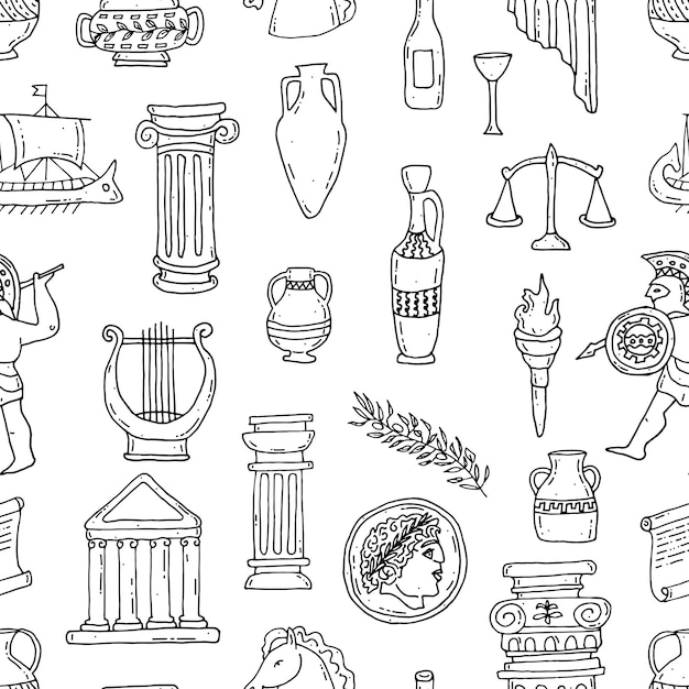 Jarrones de columna antiguos arpa rama de olivo moneda arquitectura escalas guerrero estilo griego antiguo patrón sin costuras Doodle Vector ilustración contorno dibujado a mano
