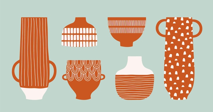 Vector jarrones dibujados a mano, ollas y cuencos con adornos decorativos. conjunto vectorial de cerámica. vasijas de arcilla planas.