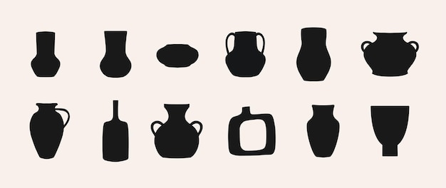 Jarrones y macetas de varias formas. Ilustraciones de estilo boho dibujadas a mano aisladas por vectores