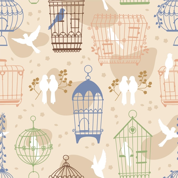 Jaulas de pájaros patrón sin costuras Casa vintage para loros y canarios hecha de varillas metálicas Impresión repetida Casas para mascotas Pájaros en ramas Jaulas decorativas para pájaros Fondo vectorial reciente