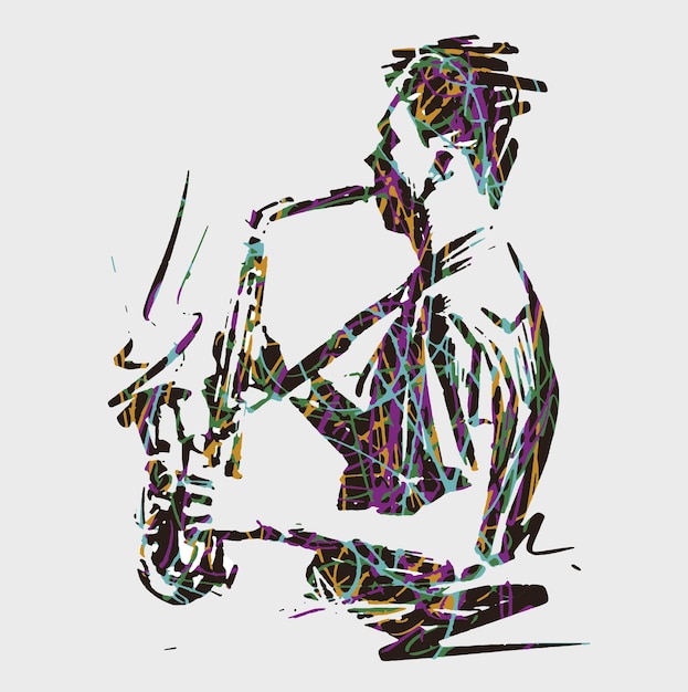 Jazz man saxofón dibujando estilo de tinta para el festival de jazz