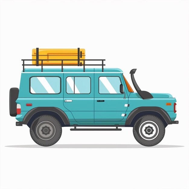 un jeep azul con una maleta amarilla en la parte superior