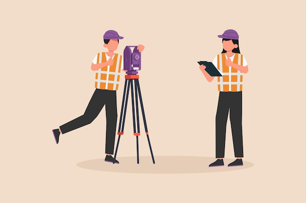 La jefa da instrucciones al personal usando teodolito o estación de posicionamiento total en el sitio de construcción de la carretera Concepto de movimiento de jefe Ilustración de vector gráfico plano coloreado aislada