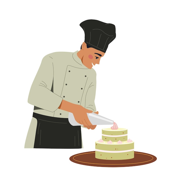 Jefe de cocina con concepto de comida Hombre con delantal y sombrero blanco con pastel Personal de cafetería o restaurante Postre y delicadeza Ilustración de vector plano de dibujos animados aislado sobre fondo blanco