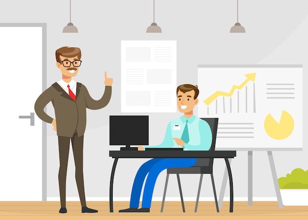 El jefe de la compañía da tareas al empleado masculino que se sienta en el escritorio Liderazgo Gestión eficaz y productiva Concepto Ilustración de vector plano