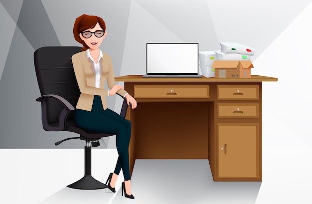 Jefe de empresaria en diseño de vector de oficina Personaje de mujer de negocios sentado en silla de trabajo