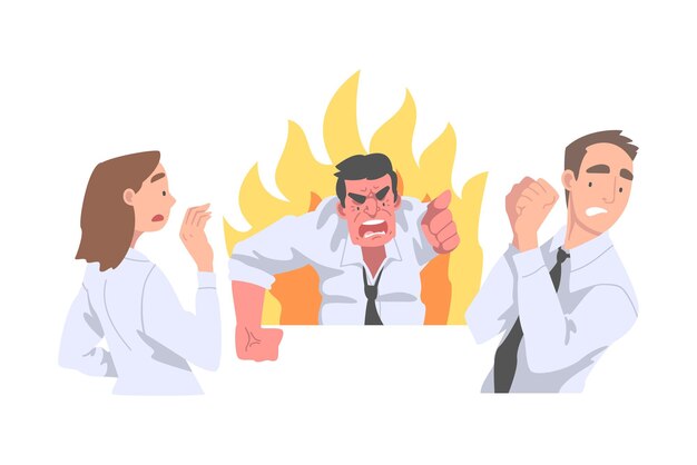 Jefe furioso gritando y gritando en ira ante el empleado asustado ilustración vectorial
