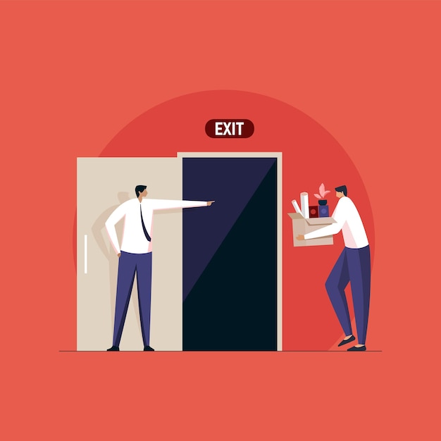 El jefe del gerente muestra la puerta de salida al empleado despedido del concepto de trabajo