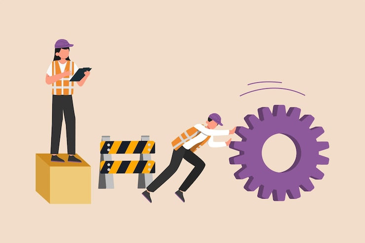 Vector el jefe de la mujer da instrucciones al empleado en el sitio de construcción concepto de movimiento de jefe ilustración de vector gráfico plano coloreado aislado
