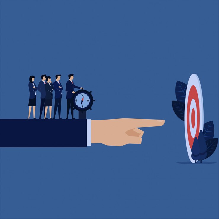 Vector el jefe de negocios dirige al empleado para que alcance el objetivo correcto con la brújula.