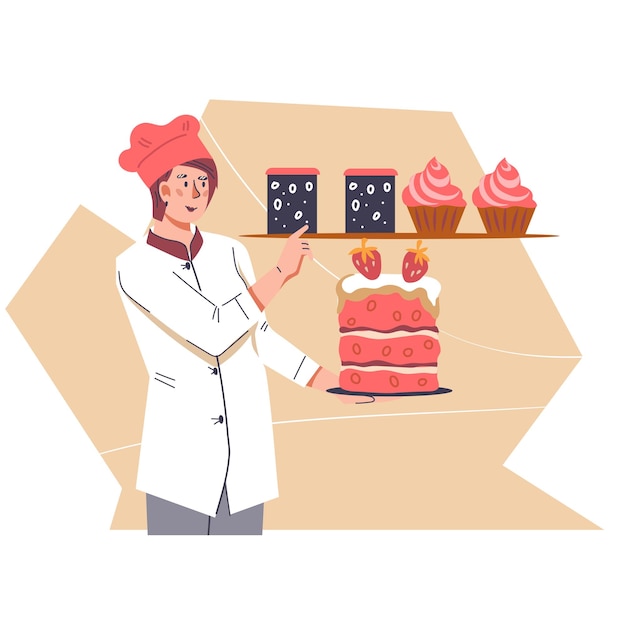 Jefe de pastelería o panaderos con producción horneada en la ilustración de vector de dibujos animados planos de fondo abstracto aislado en fondo blanco bakehouse o tienda de dulces profesional