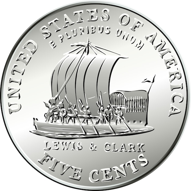 Vector jefferson níquel dinero americano usa moneda de cinco centavos con quilla de lewis y clark expedición en rev