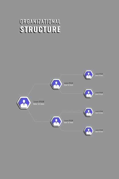Jerarquía empresarial de la plantilla de la empresa con elementos hexagonales violetas sobre un fondo gris