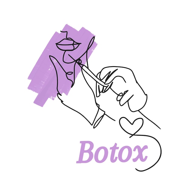 Jeringa de inyección de letras manuscritas de botox de inyección de labios de dibujo de una línea