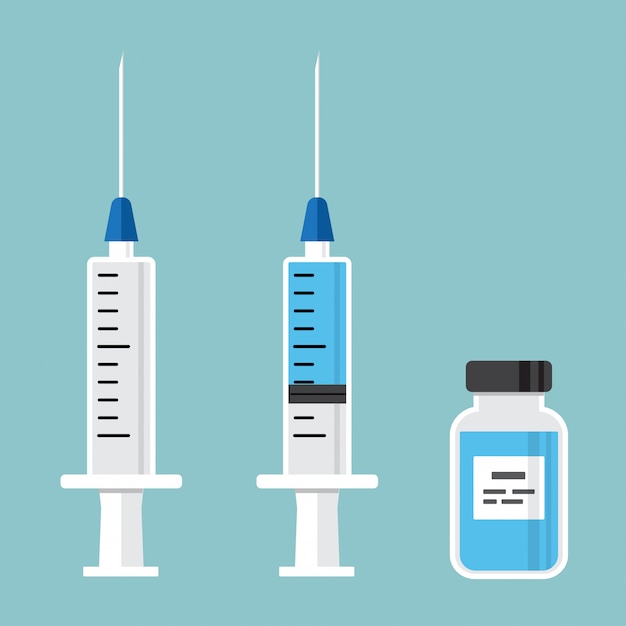 Vector jeringa para inyección con vacuna azul, vial de medicamento. ilustración