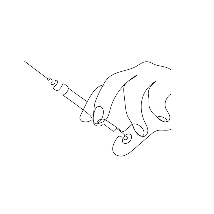 Vector jeringa de mano con aguja arte de una línea vacunación inyección para el cuidado de la salud concepto médico