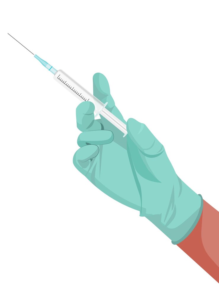 Vector jeringa en mano mano en guante azul médico sosteniendo jeringa con vacuna covid19 coronavirus