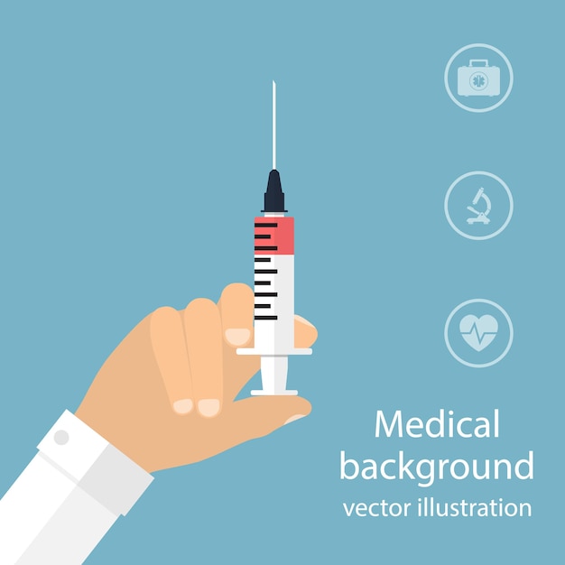 Jeringa en la mano del médico ilustración vectorial de diseño plano para web y antecedentes médicos de aplicaciones móviles