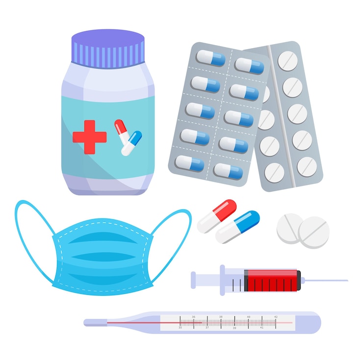 Vector jeringa de máscara de termómetro de pastillas de botiquín médico