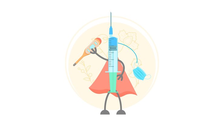 Vector jeringa médica en un impermeable con máscara y termómetro ilustración del concepto de personaje de dibujos animados personas