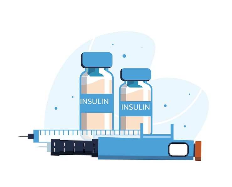Vector jeringa con pluma de insulina y vial o ampolla de concepto de insulina
