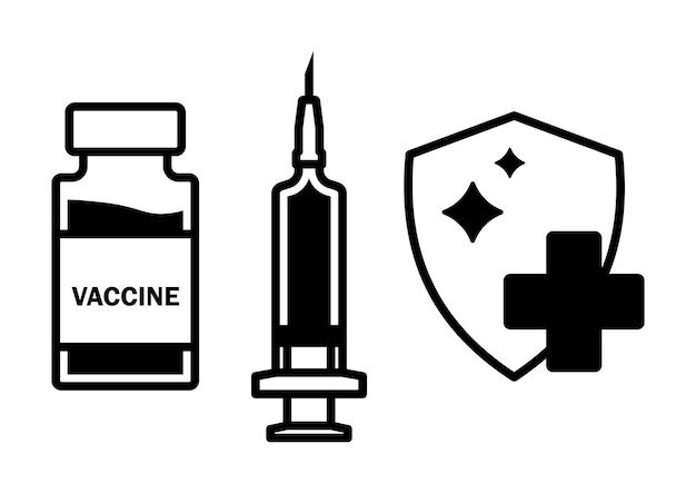 Jeringa con signo de vial. vacunación contra coronavirus. concepto de inmunización. vacuna contra el virus corona con frasco de vacuna y jeringa, herramienta de inyección para el tratamiento de inmunización covid-19. vector