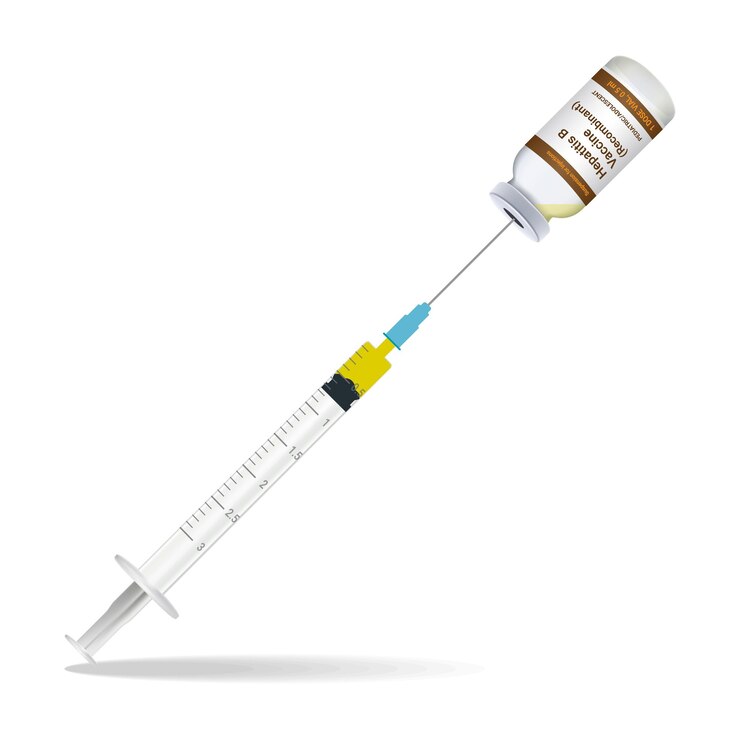 Vector la jeringa de la vacuna contra la hepatitis de inmunización contiene una botella de inyección e inyección aislada en una ilustración vectorial de fondo blanco