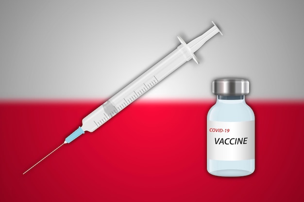 Jeringa y vial de vacuna sobre fondo borroso con bandera de Polonia