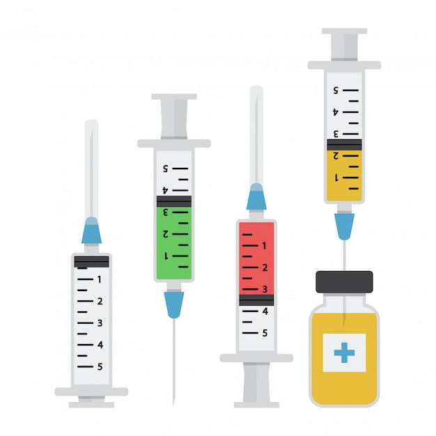 Vector jeringas para inyección con vacuna, vial de medicamento. ilustración