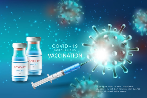 Jeringas de vacuna de inyección realistas para el virus de la imagen de fondo de la enfermedad de la gripe epidémica global del coronavirus covid-19