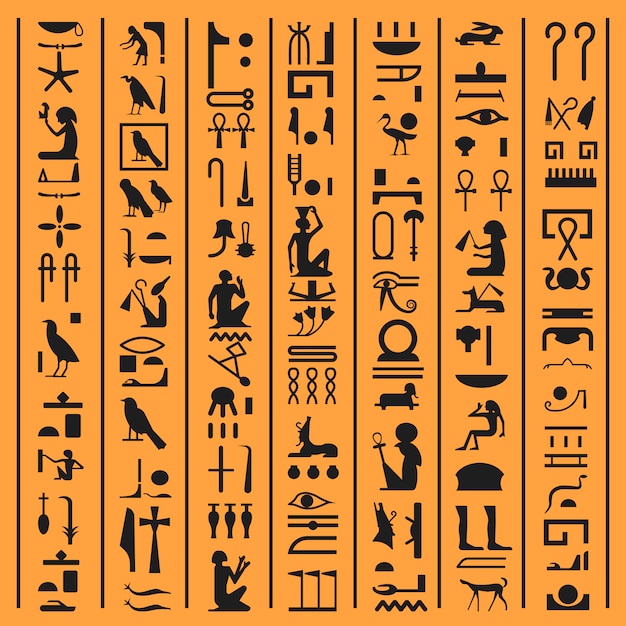 Jeroglíficos egipcios o letras antiguas de Egipto fondo papiro. Vector antiguo jeroglífico egipcio escribiendo símbolos e íconos de dioses, animales y aves o Pharao manuscrito diseño decoración