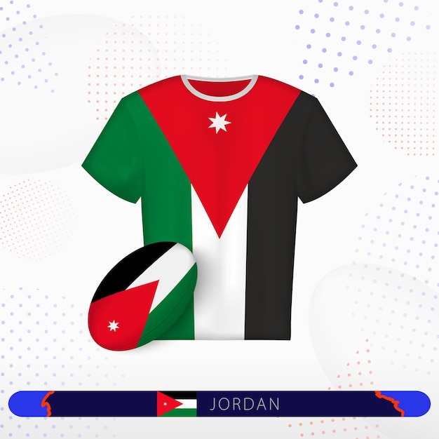 Jersey de rugby de Jordania con pelota de rugby de Jordania sobre fondo deportivo abstracto