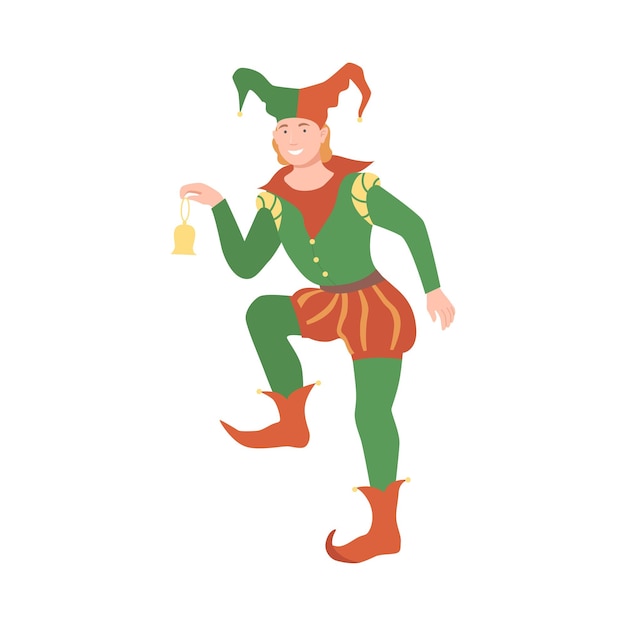 Jester o Arlequín con sombrero Jingle como personaje medieval fabuloso de la ilustración vectorial de cuentos de hadas
