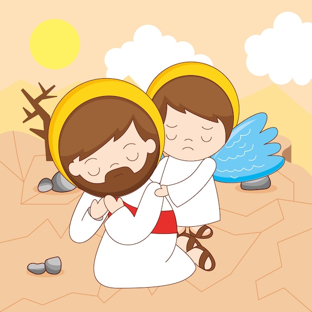 Vector jesucristo y ángel en la ilustración de dibujos animados religiosos del desierto