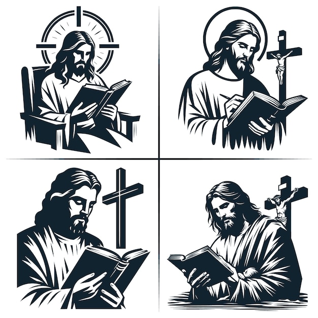 Jesucristo Corona de Espinas vector Jesús leyendo una Biblia vector de la Cruz