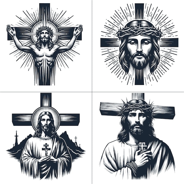 Vector jesucristo, espina, corona, vector, cruz, cara de jesús, cristo, cristiano, religión, silueta