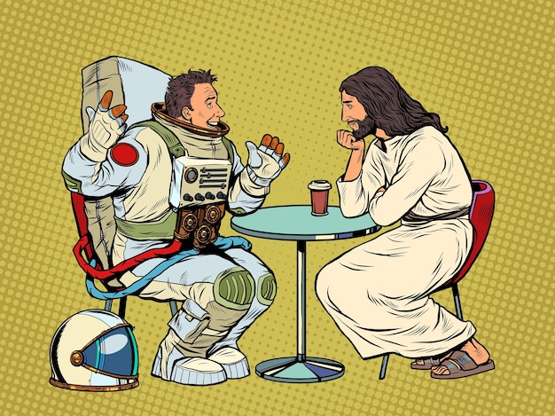 Vector jesucristo está hablando con un astronauta masculino predicando el cristianismo y la religión