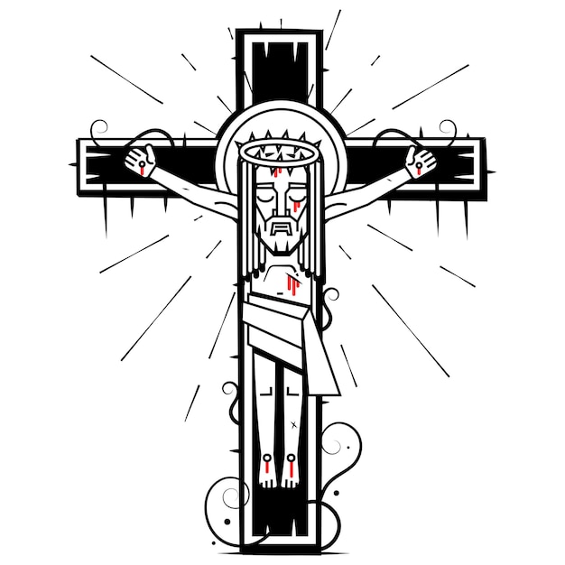 Jesucristo, el Hijo de Dios en una corona de espinas en la cabeza, un símbolo del cristianismo dibujado a mano ilustración vectorial