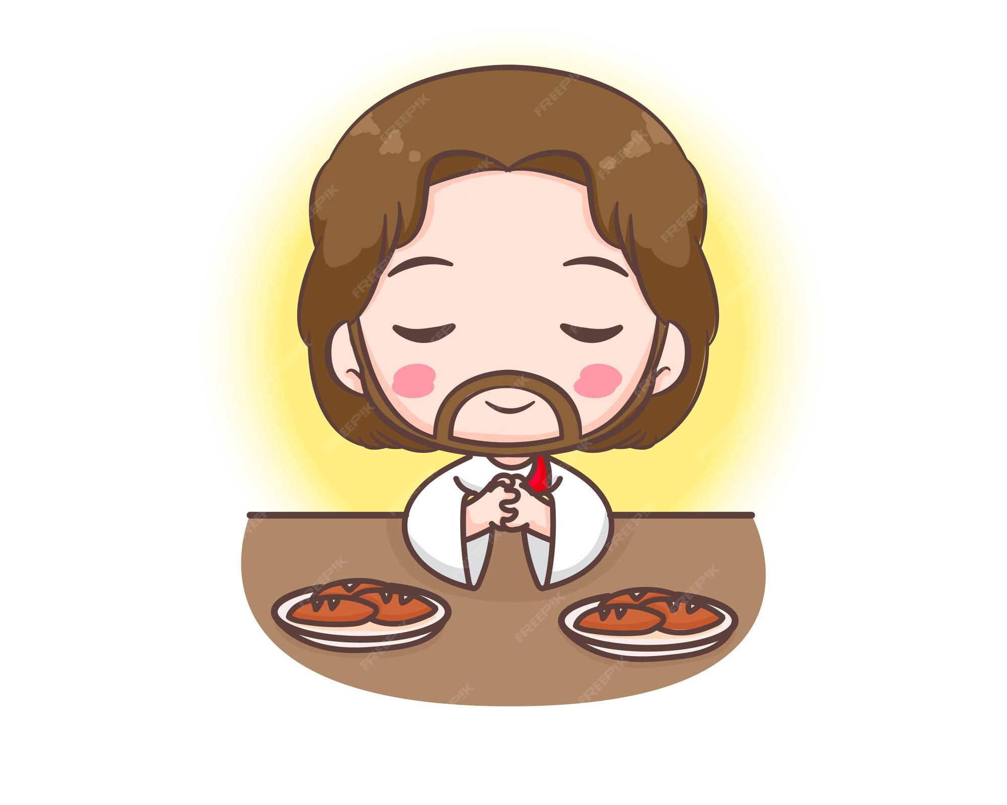 Jesucristo ora para comer un personaje de dibujos animados. jesús