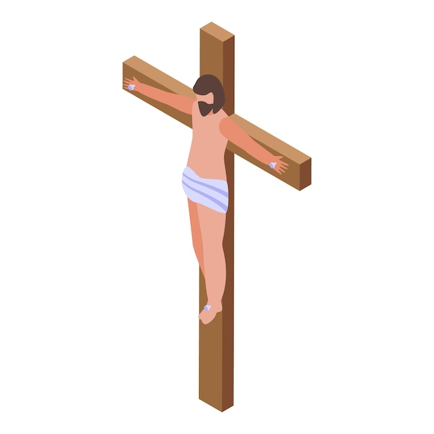 Jesucristo siendo crucificado en una cruz de madera vista isométrica