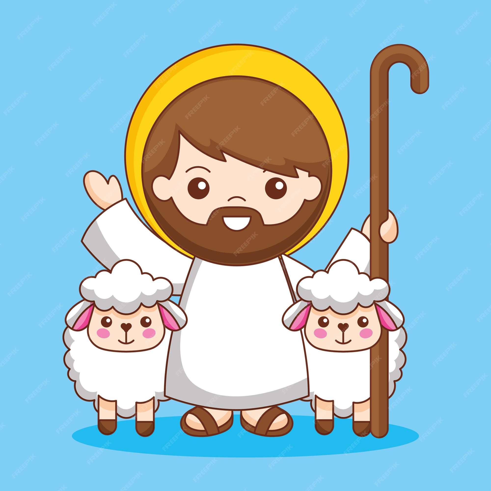 Jesús con bastón y ovejas, ilustración de dibujos animados | Vector Premium