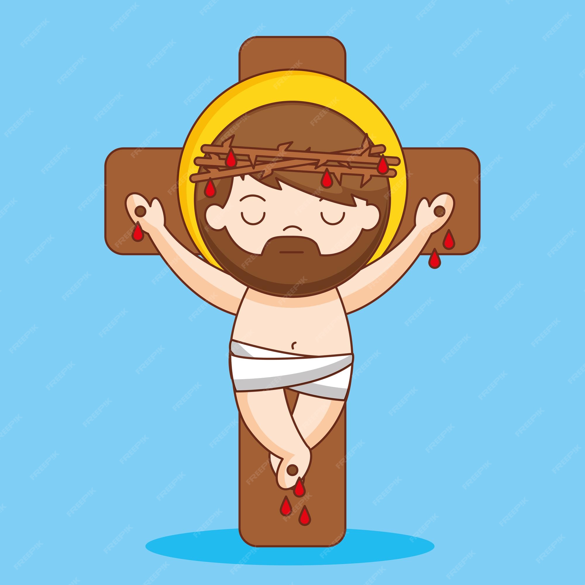 Jesús crucificado y coronado de espinas, ilustración de dibujos animados | Vector Premium