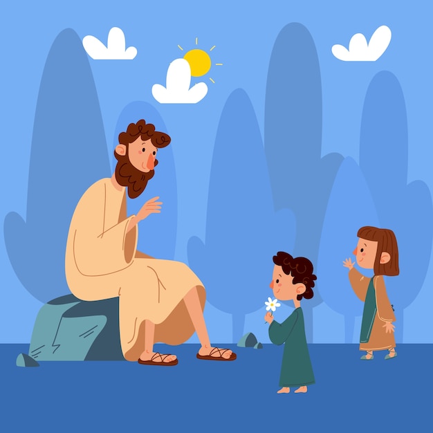 Vector jesús dibujado a mano con niños ilustración